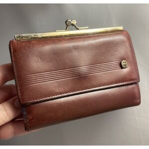ETIENNE AIGNER Leather Trifold Wallet Kisslock Coin Purse Oxblood Vintage Retro